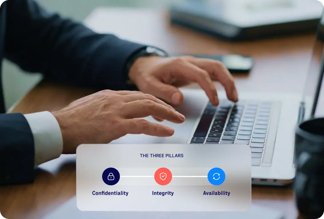 Person typing on a laptop, with an overlay showing the three pillars of information security: confidentiality, integrity, and availability.