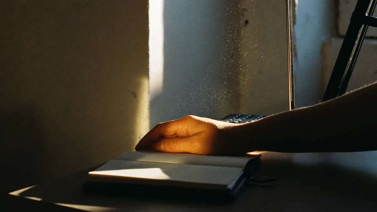 Hand resting beside a notebook at a desk in low evening light