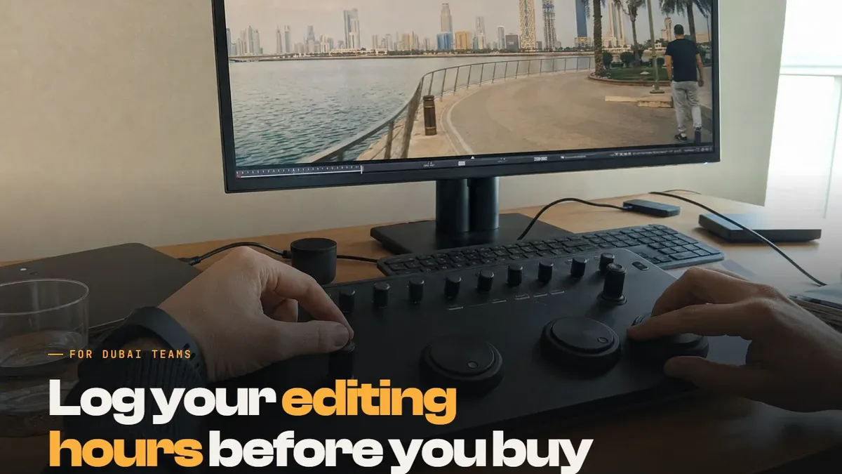 Hands on an editing control panel beside a monitor, with the text: Log your editing hours before you buy
