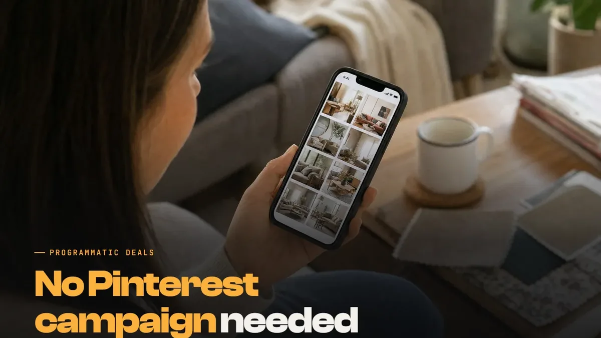 Woman on a sofa browsing home decor photos on her phone, with the text: No Pinterest campaign needed