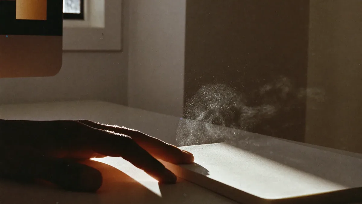 Hand resting beside a notebook at a desk in low evening light