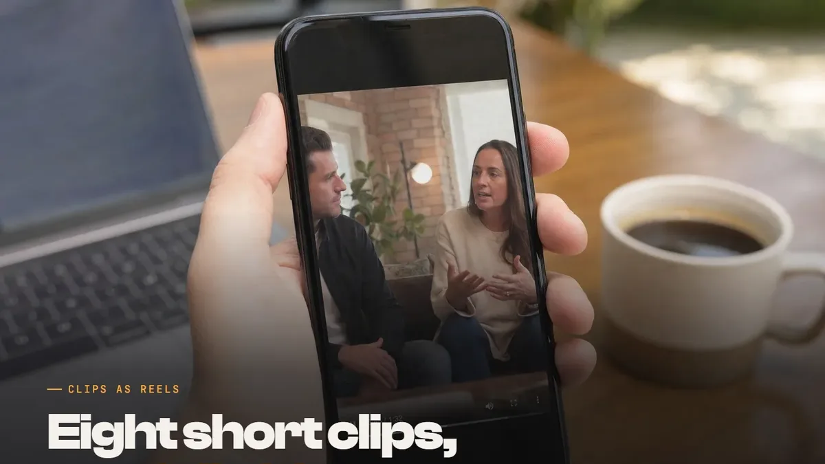 Hand holding a phone playing a video interview, with the text: Eight short clips, one full video