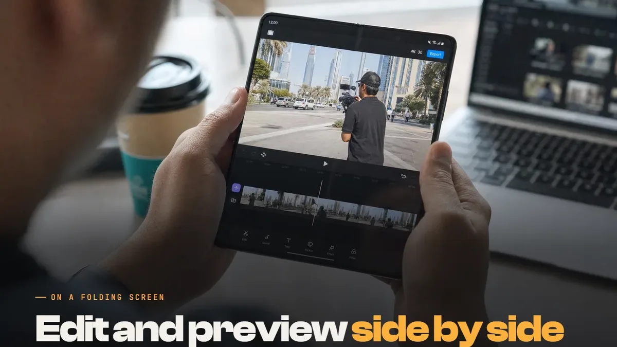 Hands holding a folding phone with a video preview above an editing timeline, with the text: Edit and preview side by side
