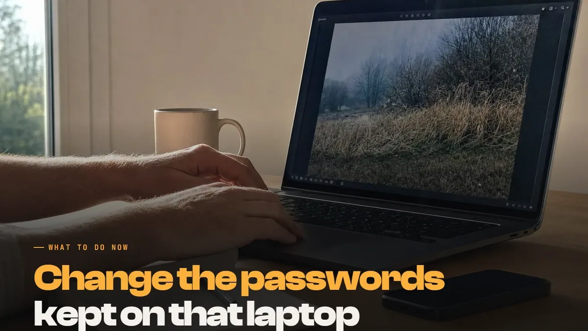 A developer's hands on a laptop beside a phone and notebook, with the text: Change the passwords kept on that laptop