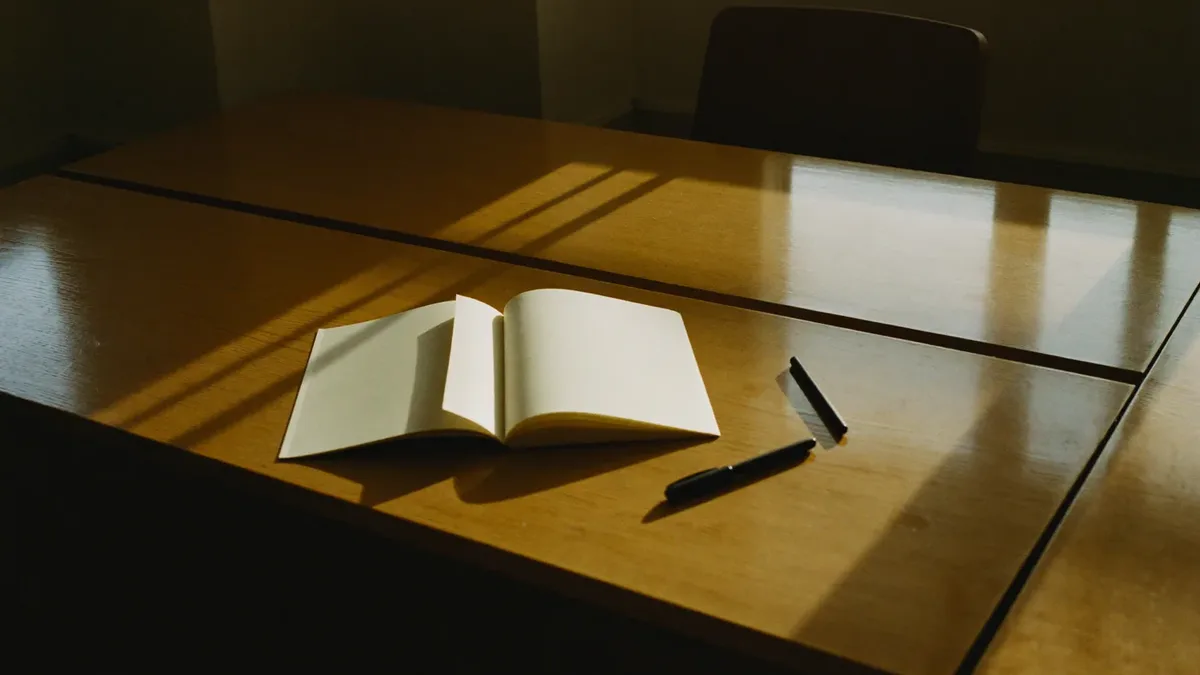 Notebook, pen and coffee on a meeting table during a Dubai marketing planning session