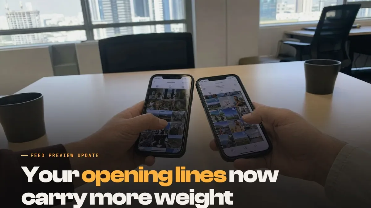 Two colleagues hold phones side by side over a desk in Dubai, with the text: Your opening lines now carry more weight