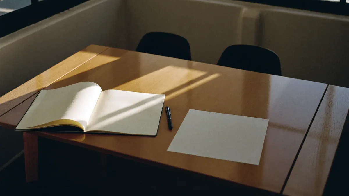 Notebook, pen and coffee on a meeting table during a Dubai marketing planning session