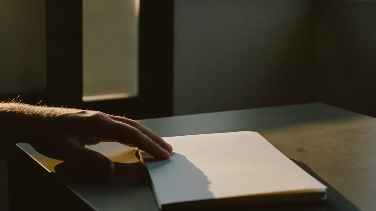 Hand resting beside a notebook at a desk in low evening light