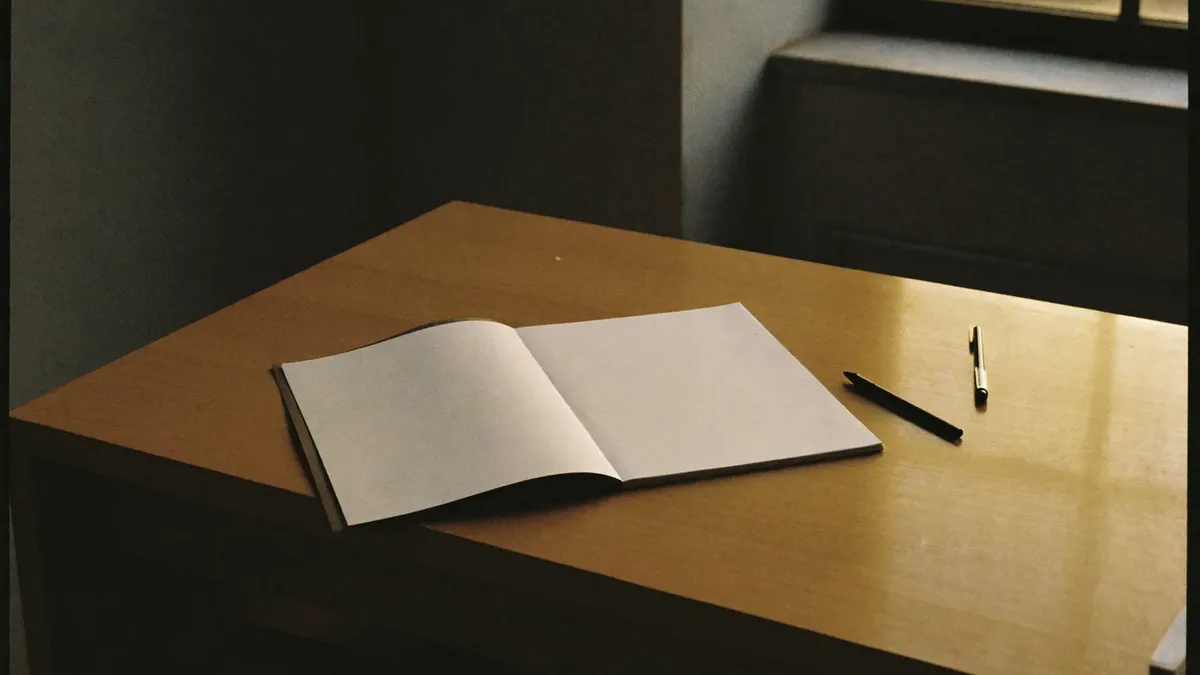 Notebook, pen and coffee on a meeting table during a Dubai marketing planning session