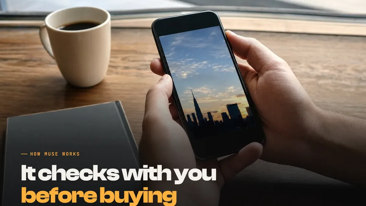 Hands holding a phone showing a city skyline photo over a desk, with the text: It checks with you before buying