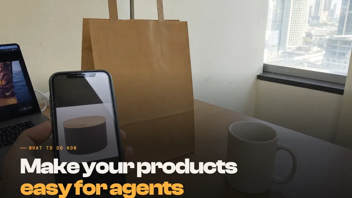 A hand holding a phone showing a product photo on an office desk, with the text: Make your products easy for agents
