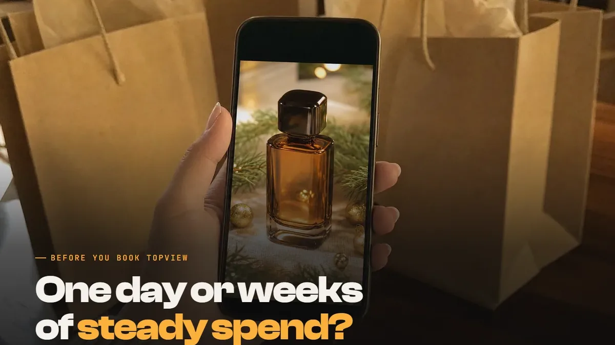 Phone playing a perfume video ad in front of gift bags, with the text: One day or weeks of steady spend?