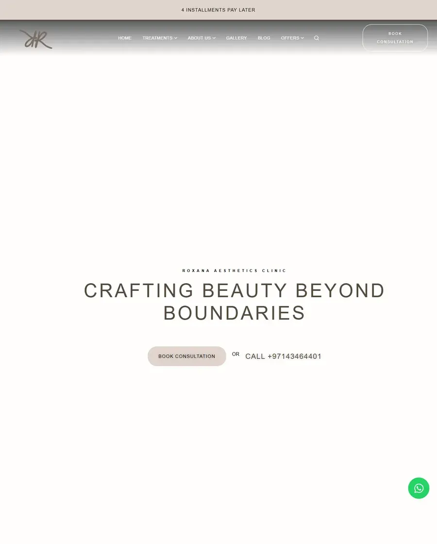 Roxana Aesthetics homepage hero reading Crafting Beauty Beyond Boundaries