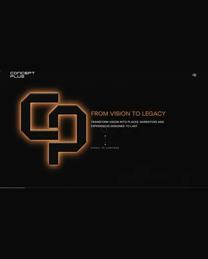 Concept Plus homepage with the illuminated CP monogram on black
