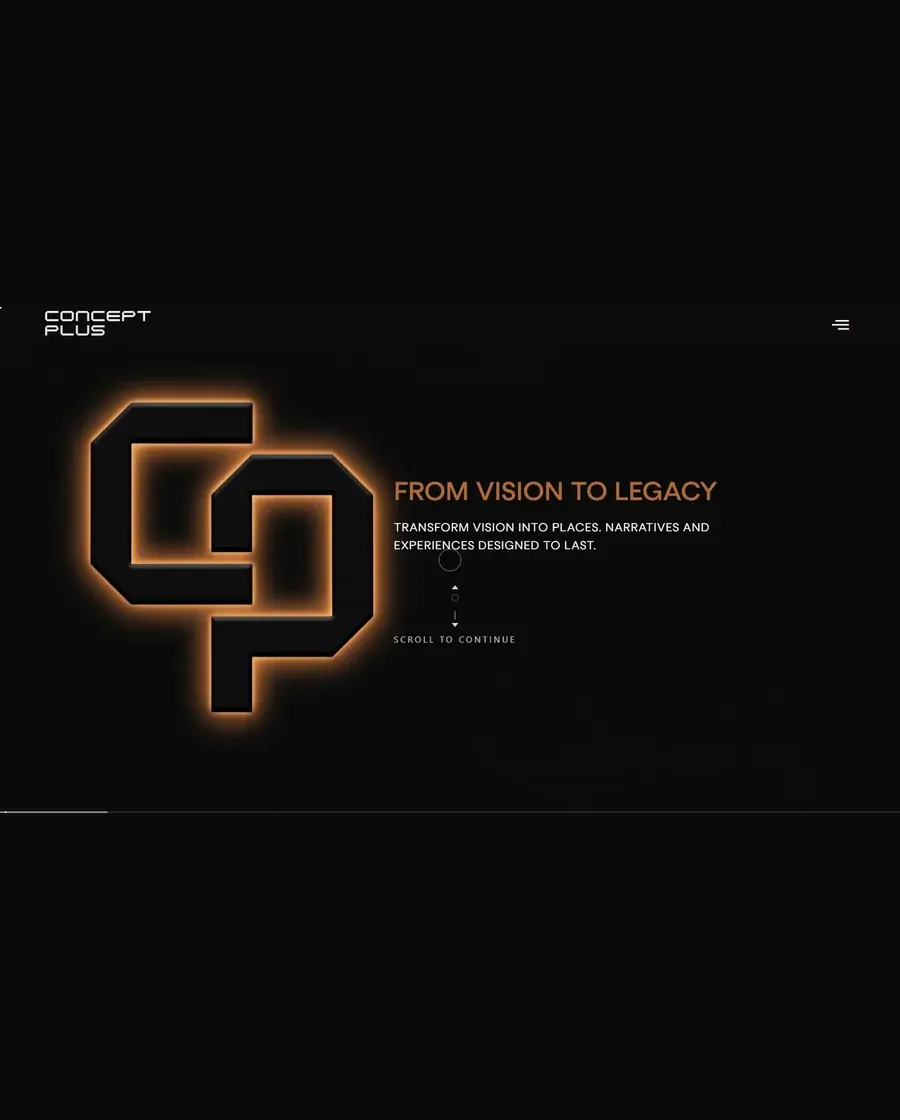 Concept Plus homepage with the illuminated CP monogram on black