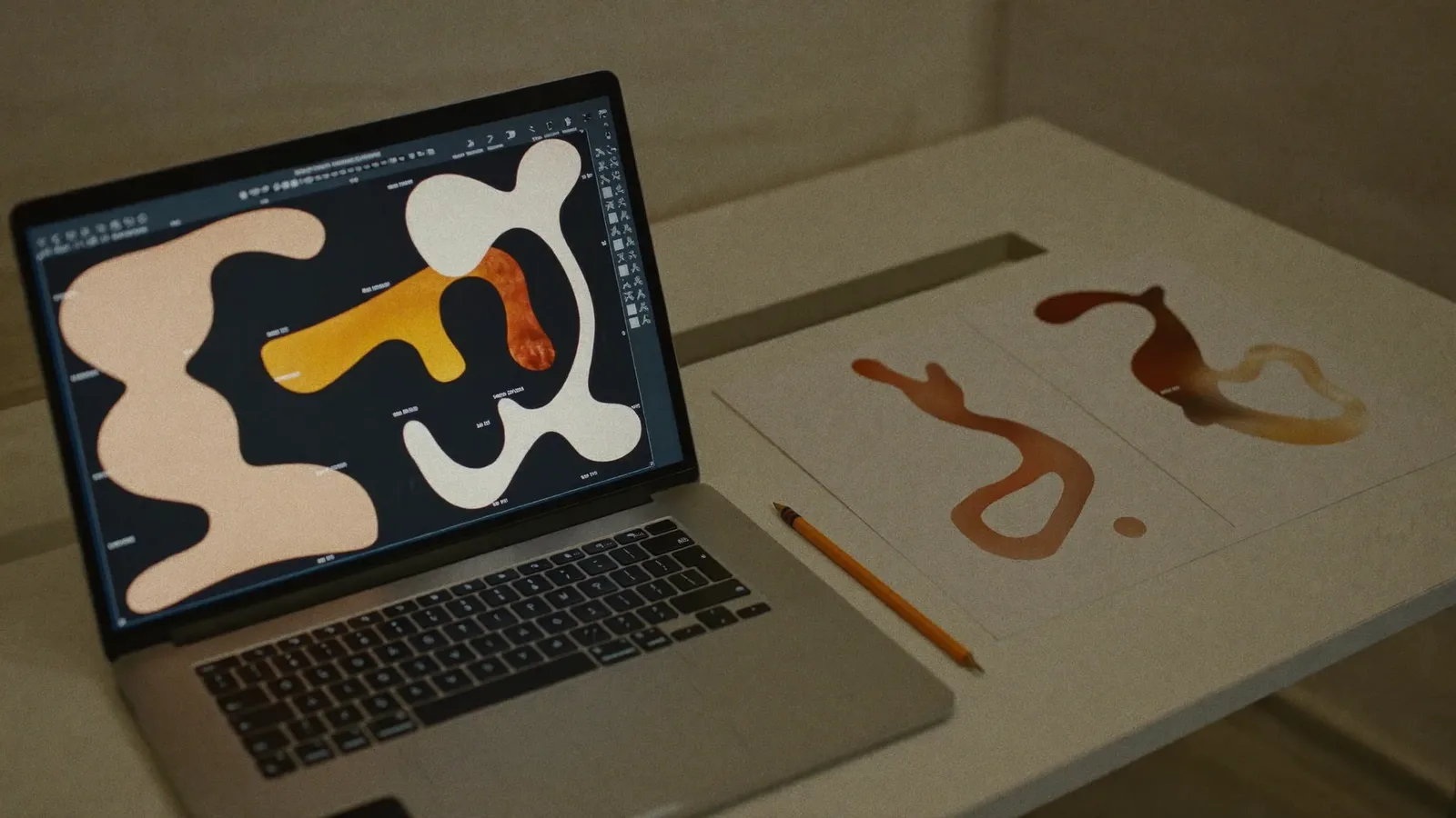 Designer’s desk with a laptop showing an abstract wireframe layout, printed page mockups spread beside it — Website Redesign Checklist