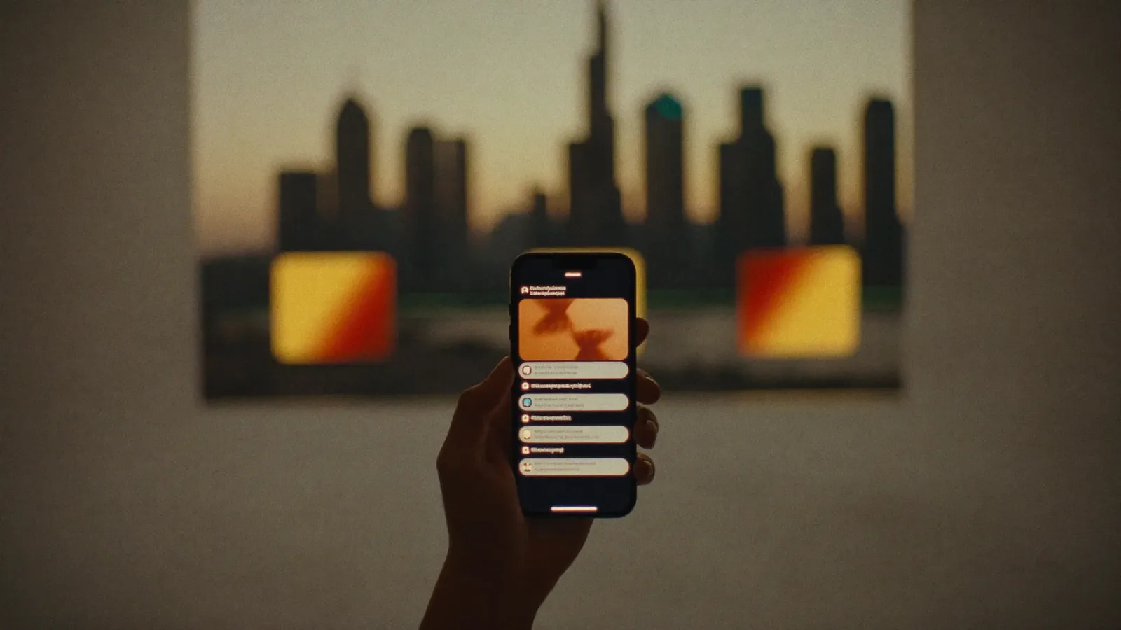 Smartphone held in one hand displaying an abstract conversational answer interface with glowing citation markers — AI Search and SEO