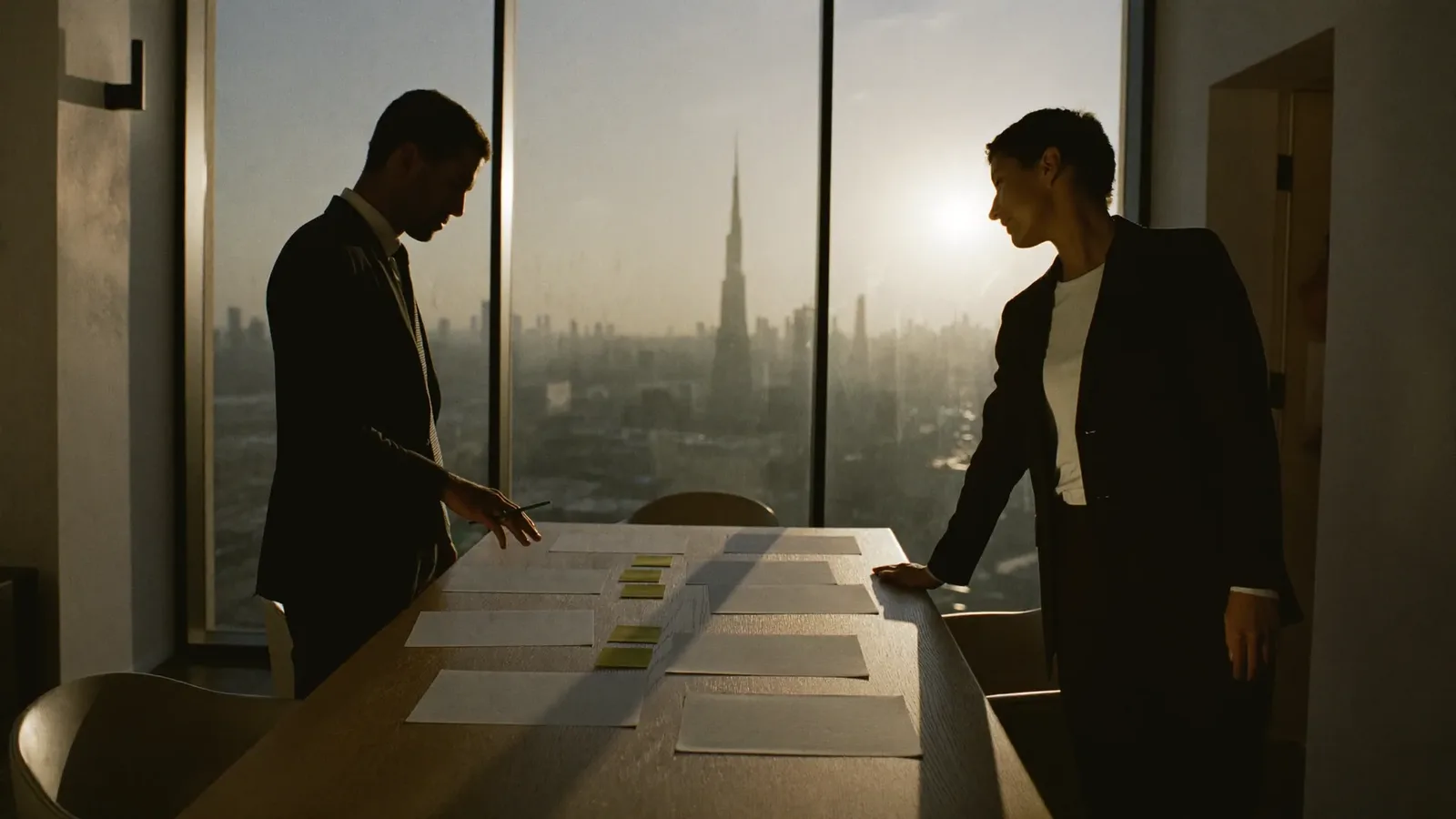Two marketers planning a growth strategy at a table overlooking the Dubai skyline — Growth Marketing Strategy in Dubai