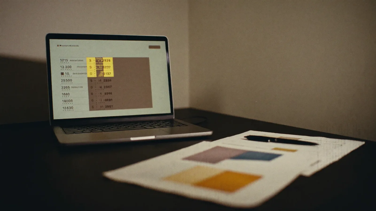 Laptop displaying an abstract scoring dashboard with graded contact rows, beside a printed matrix on paper and a pen — HubSpot Lead Scoring for Dubai B2B