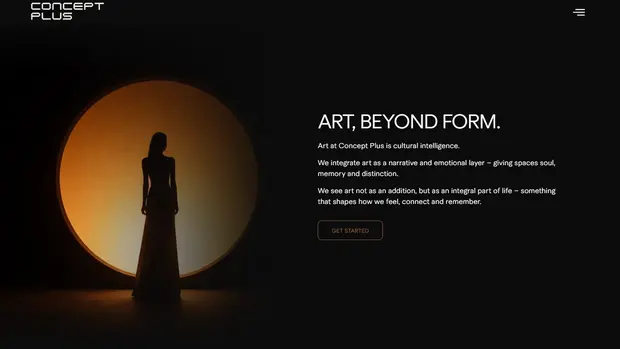Concept Plus art page headed Art, beyond form, with a figure lit by a golden disc