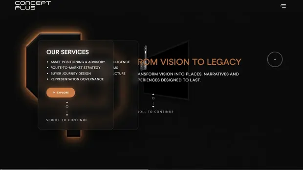 Concept Plus scene navigator showing the real estate service list over the 3D scene