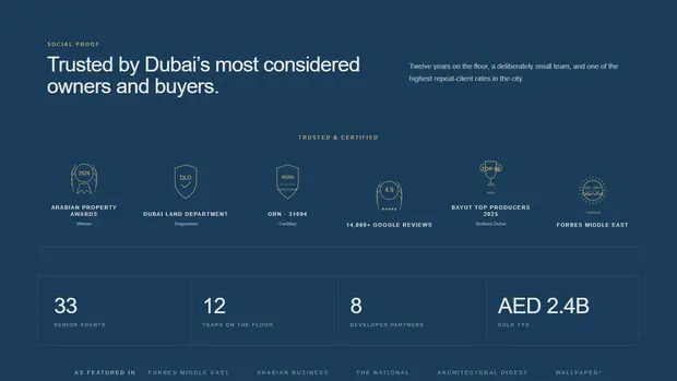Arabland credibility band showing awards, Google reviews and portfolio value