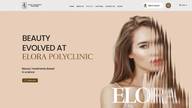Elora Polyclinic hero with the wordmark over a portrait