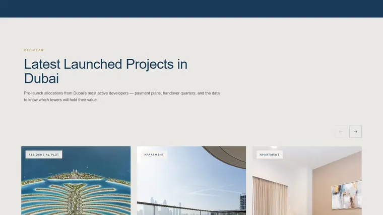 Latest launched off-plan projects in Dubai displayed as listing cards
