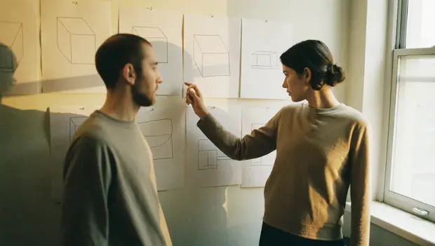 Designers reviewing pinned interface sketches in a studio