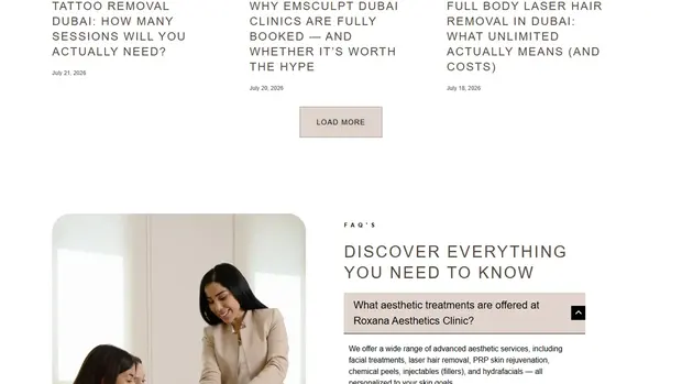 Frequently asked questions accordion on the Roxana Aesthetics site