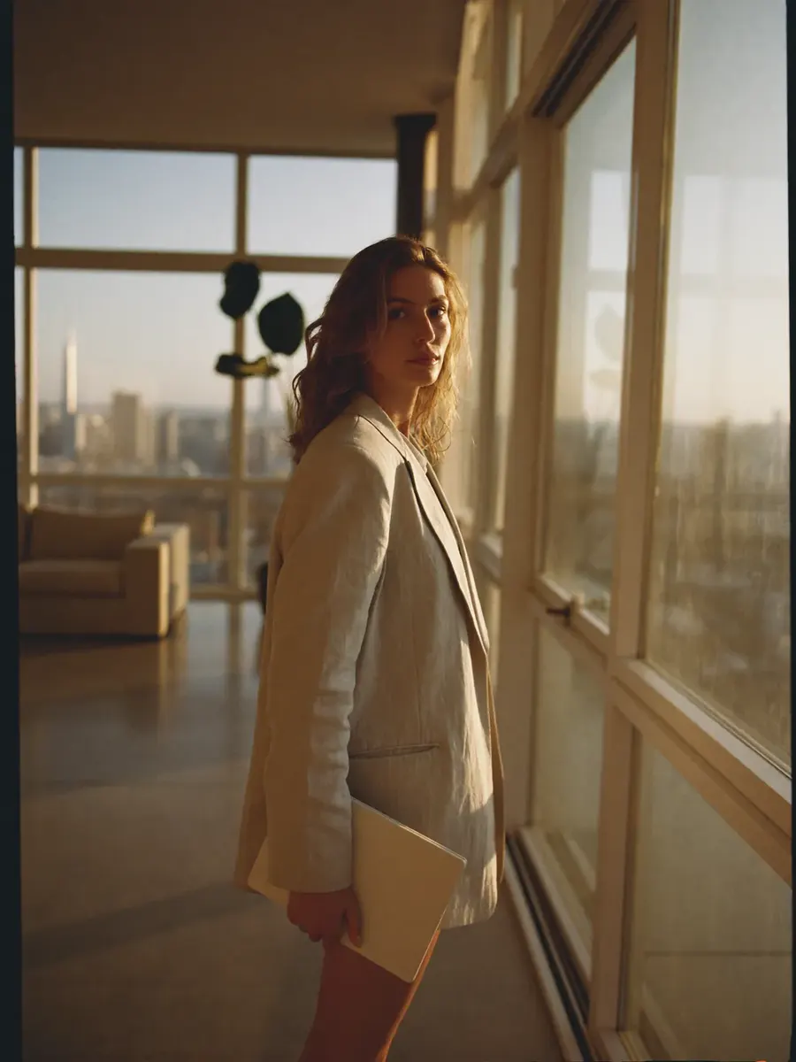 Property consultant in a bright Dubai apartment at golden hour