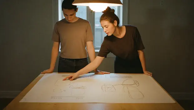Two people reviewing a printed performance report