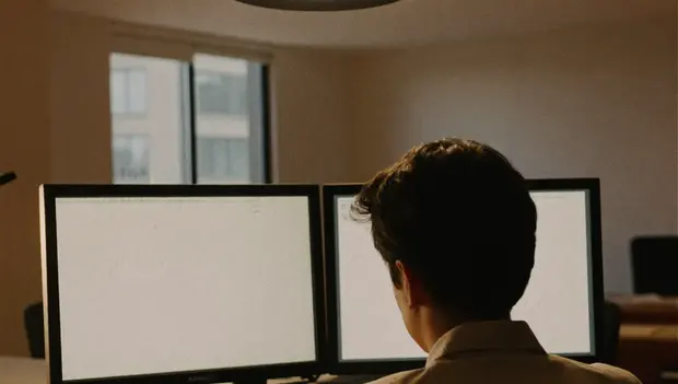 Analyst working at a two-monitor desk in a Dubai office