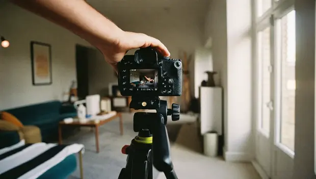 Camera on a tripod photographing a styled apartment interior