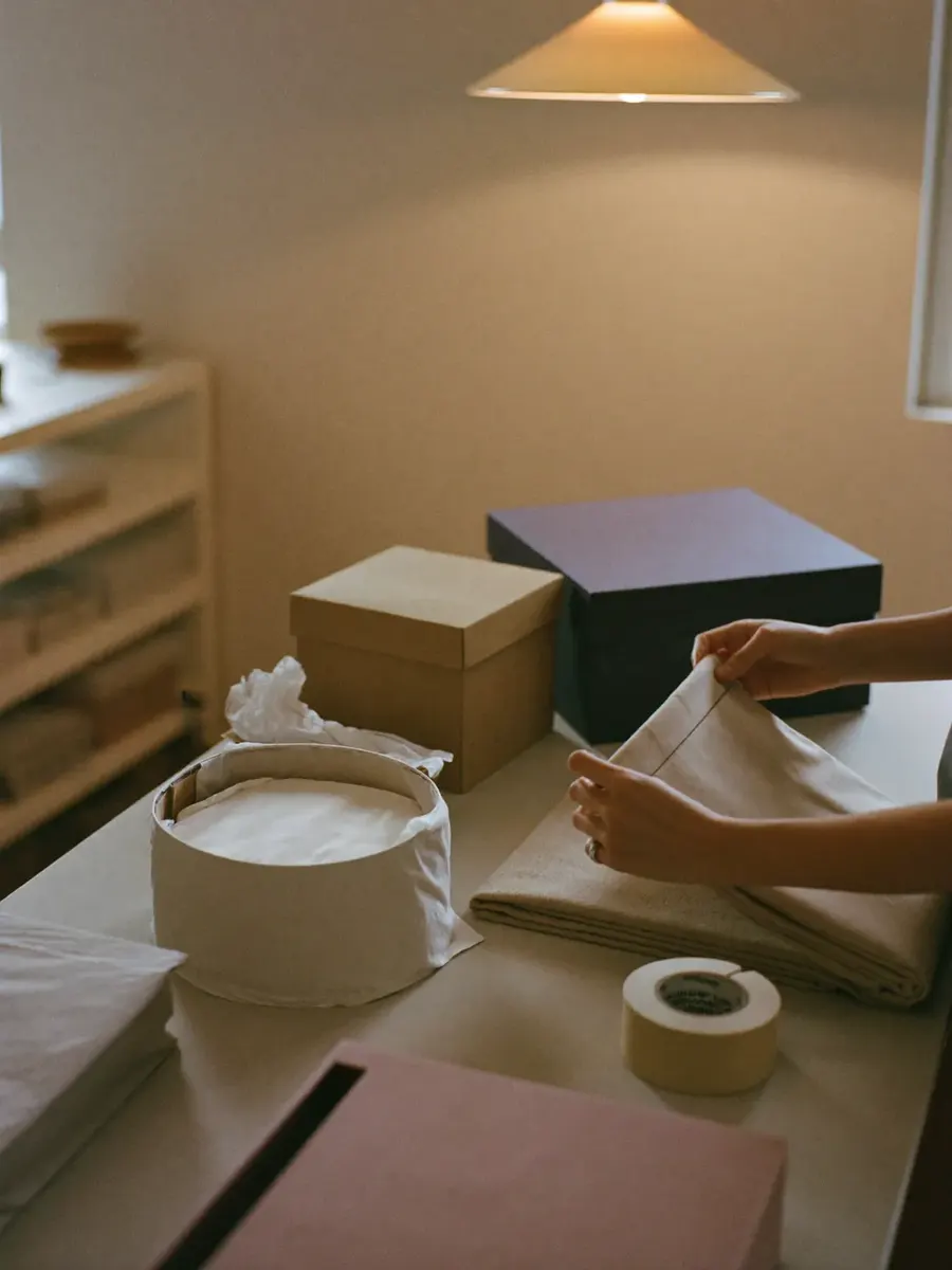 Hands packing folded garments at an e-commerce fulfilment bench