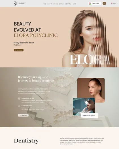 Elora Polyclinic homepage hero reading Beauty Evolved at Elora Polyclinic