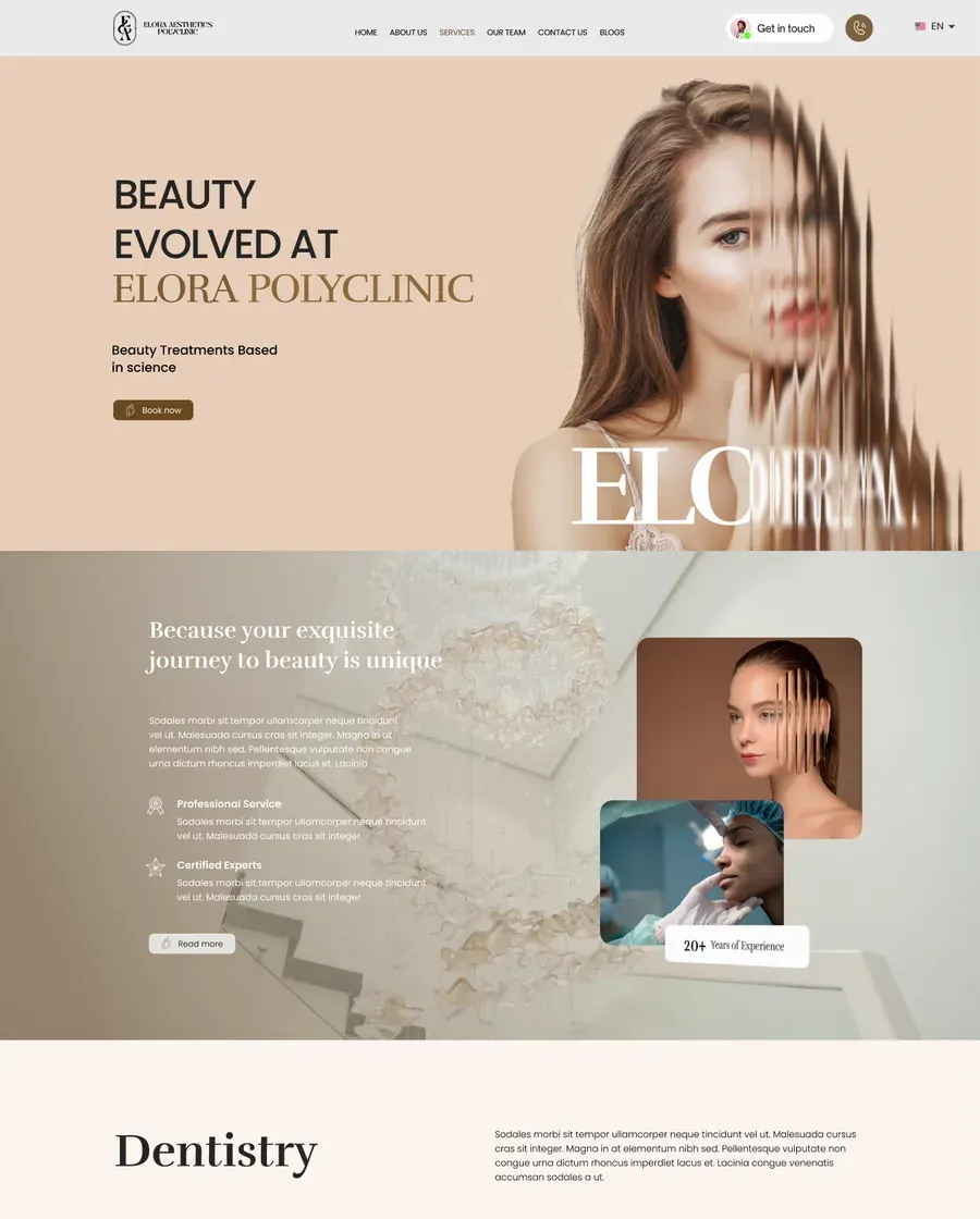 Elora Polyclinic homepage hero reading Beauty Evolved at Elora Polyclinic