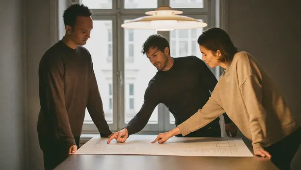 Three colleagues reviewing a printed pipeline plan