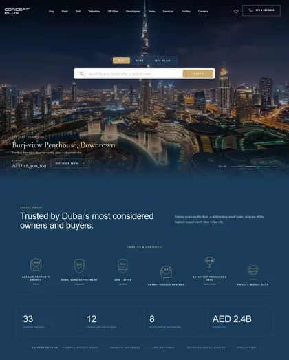 Arabland property portal homepage showing a Downtown Dubai penthouse listing