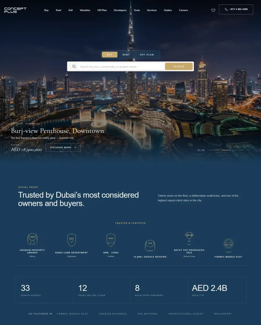 Arabland property portal homepage showing a Downtown Dubai penthouse listing