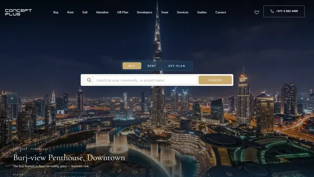 Arabland homepage hero with a Dubai skyline view and a property search bar