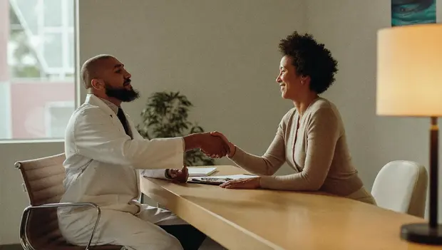 Doctor and patient shaking hands at the end of a consultation