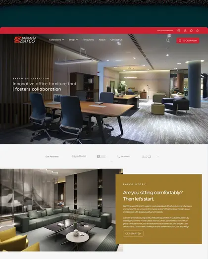 Bafco homepage hero showing a collaborative office furniture setting
