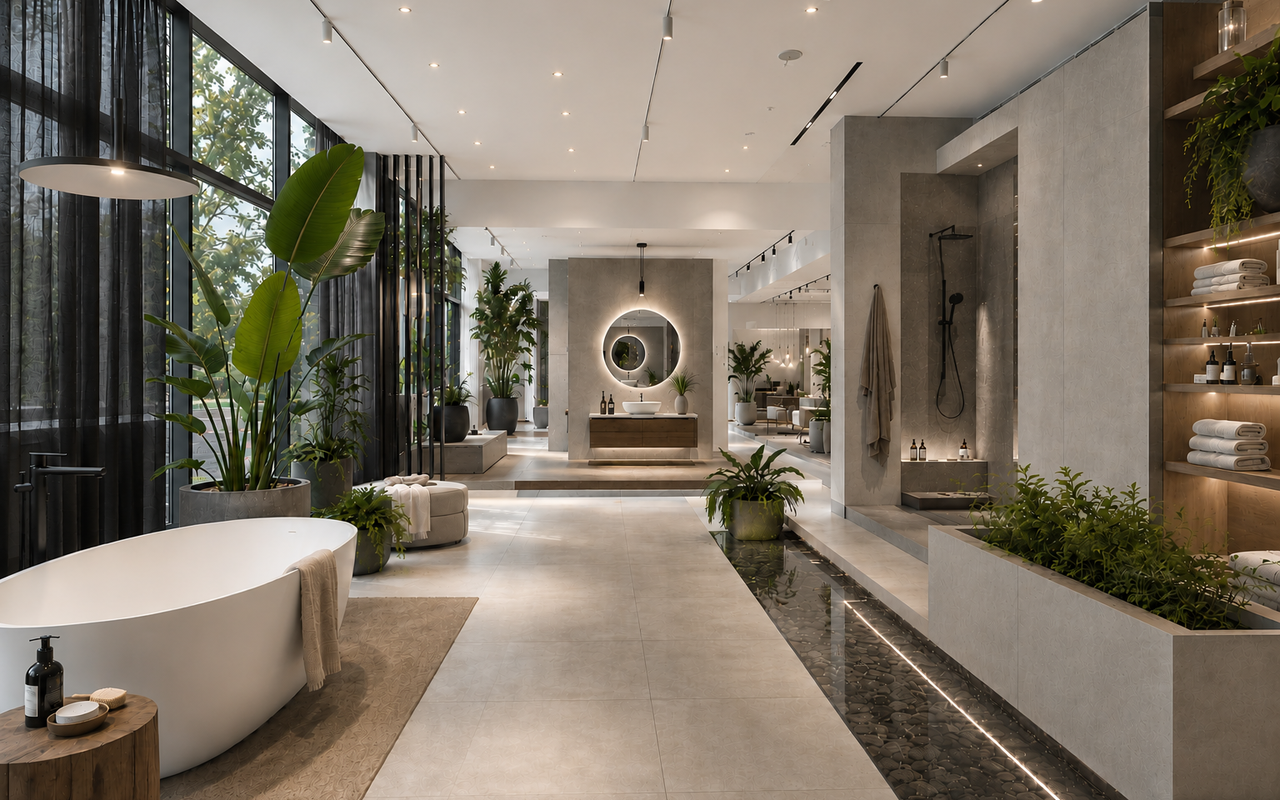 Luxe badkamershowroom met open spa-achtige indeling, vrijstaand bad, natuursteen, planten en rustige lichtinval.