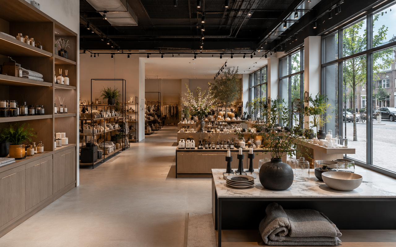 Moderne boetiek met open indeling, warme houten presentatiemeubels, natuurlijke styling en veel daglicht door grote ramen.