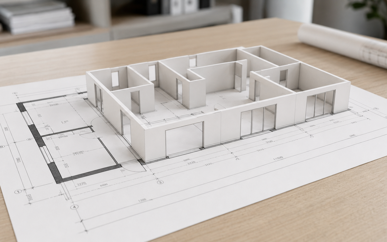 Wit 3D-basismodel van een woning dat is opgezet vanuit een bouwkundige plattegrond op een houten tafel.