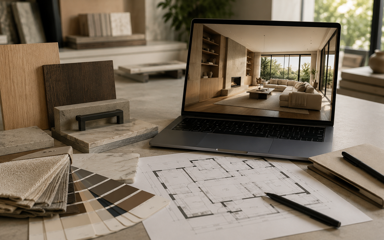 Moderne ontwerpstudio met materiaalstalen, plattegrond en laptop met fotorealistische interieurvisualisatie.