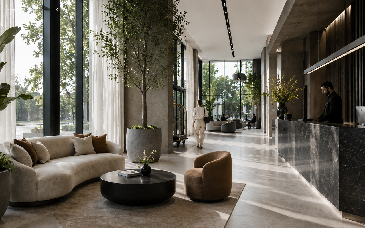 Lichte moderne hotellobby met hoge ramen, loungehoek, marmeren receptiebalie, planten en warme hoteluitstraling.