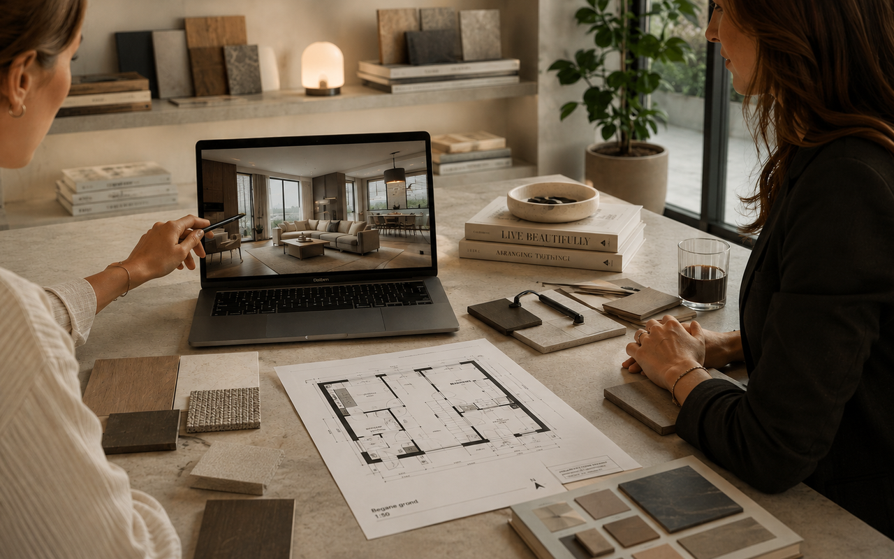 Ontwerpster bespreekt een interieurvisualisatie met een klant aan een tafel met plattegrond, materiaalstalen en laptop.