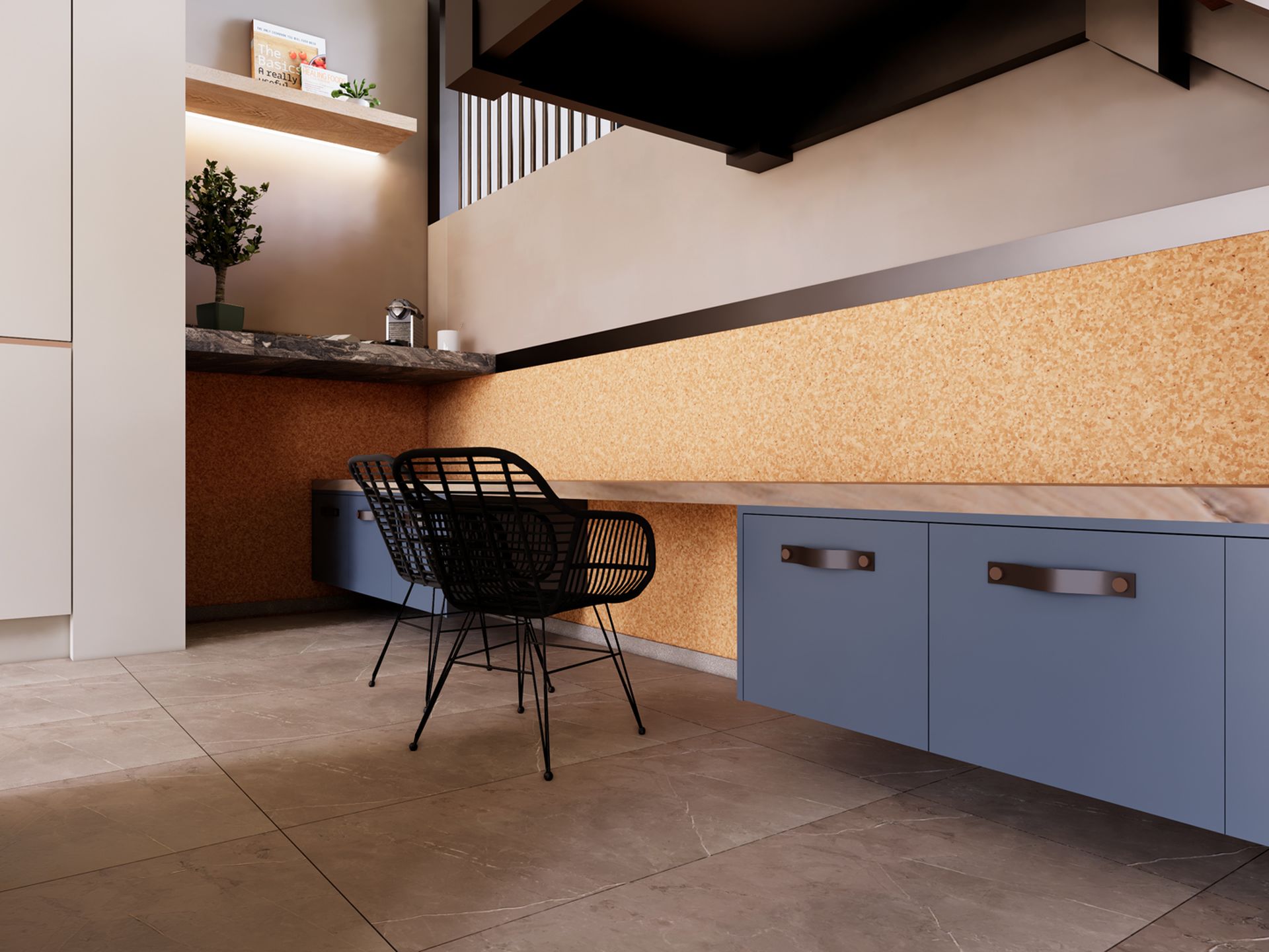 Werk- en speelplek onder het split-level met blauwe maatwerkkasten, zwarte stoelen en een verlichte kurkwand.